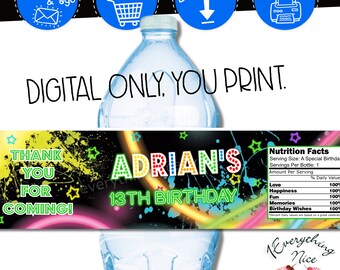 DIGITAL DOWNLOAD Neon Glow Theme Water bottle Labels Digital Printable