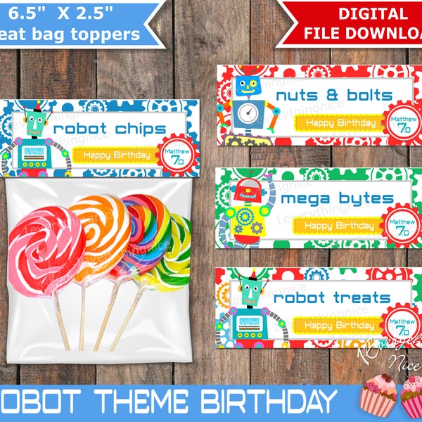 Robot Theme Birthday 6.5"wide x 2.5" Treat Bag Toppers Printable Digital Download