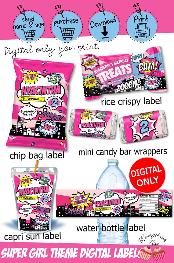 Super Girl Super Hero Theme Birthday Digital Printables Labels Personalized Bundle DIY Printable Set Digital Download Il_570xn
