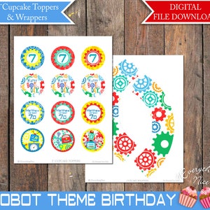 Robot Theme Birthday Cupcake Toppers and Wrappers Printable Digital Download image 2