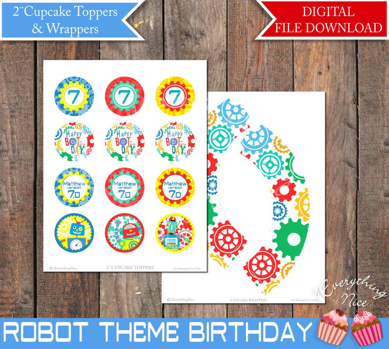 Robot Theme Birthday Cupcake Toppers and Wrappers Printable Digital Download image 2