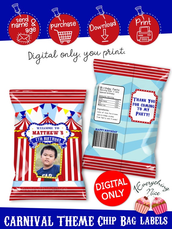 DIGITAL DOWNLOAD Carnival Circus Birthday Red and Blue Chip Bag Labels Carnival Chip bags Digital Printable Il_570xn