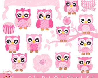 Cute Pink Owls Clipart Set