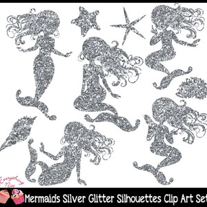 Mermaid Silver Glitter Silhouettes Clipart Set image 2
