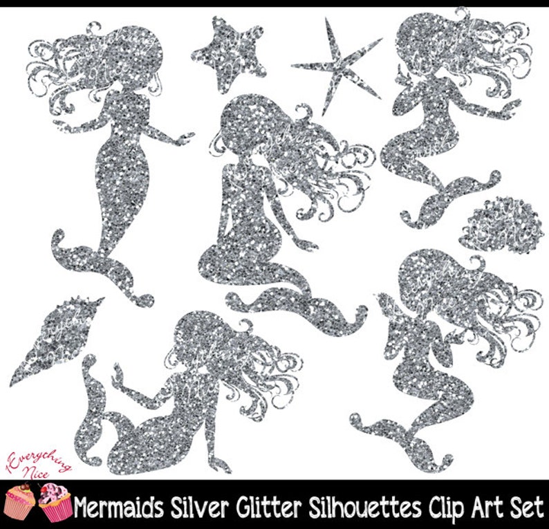 Mermaid Silver Glitter Silhouettes Clipart Set image 2