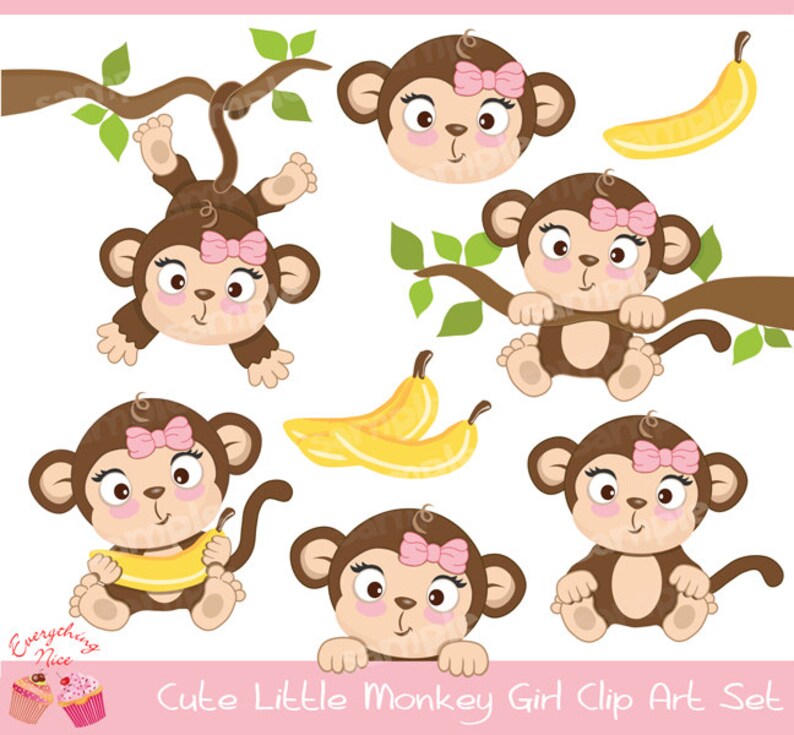 Cute Little Monkey Girl Clipart Set image 1