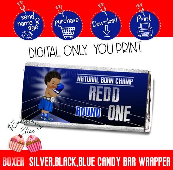 DIGITAL DOWNLOAD Boxing Little Baby Boy Boxer Little Champ Theme Silver Blue Black Candy Bar Labels Printable Digital Download Il_570xn