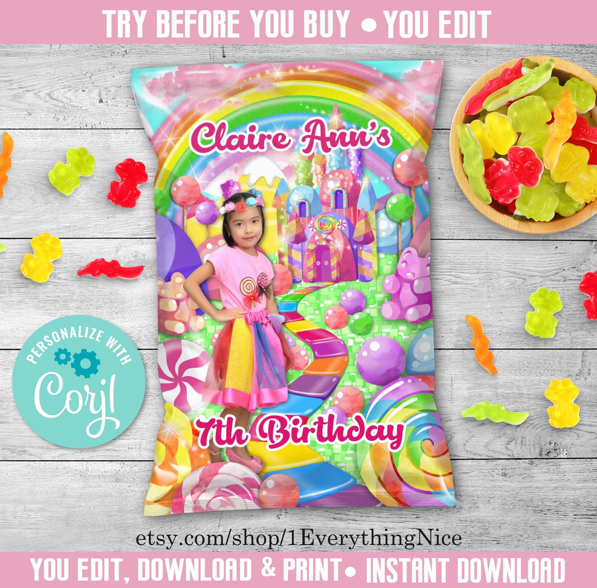Editable DIGITAL DOWNLOAD Candyland Candy Land Theme Chip Bag Wrapper Labels Birthday Baby Shower Party Printable 014