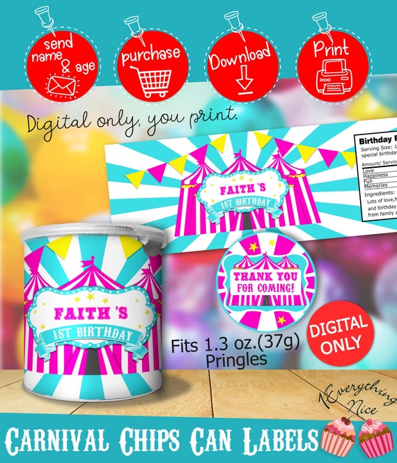 DIGITAL DOWNLOAD Circus Pink Carnival Theme Birthday Mini Pringles Wrappers and Toppers Labels Printable Il_570xn