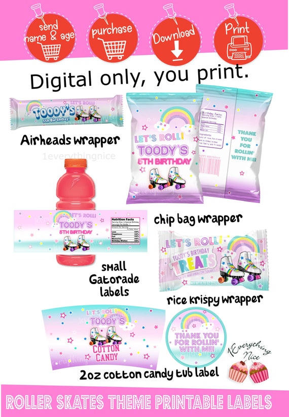 Roller Skates Theme Birthday Digital Printables Labels Personalized DIY Bundle Set Download Il_570xn