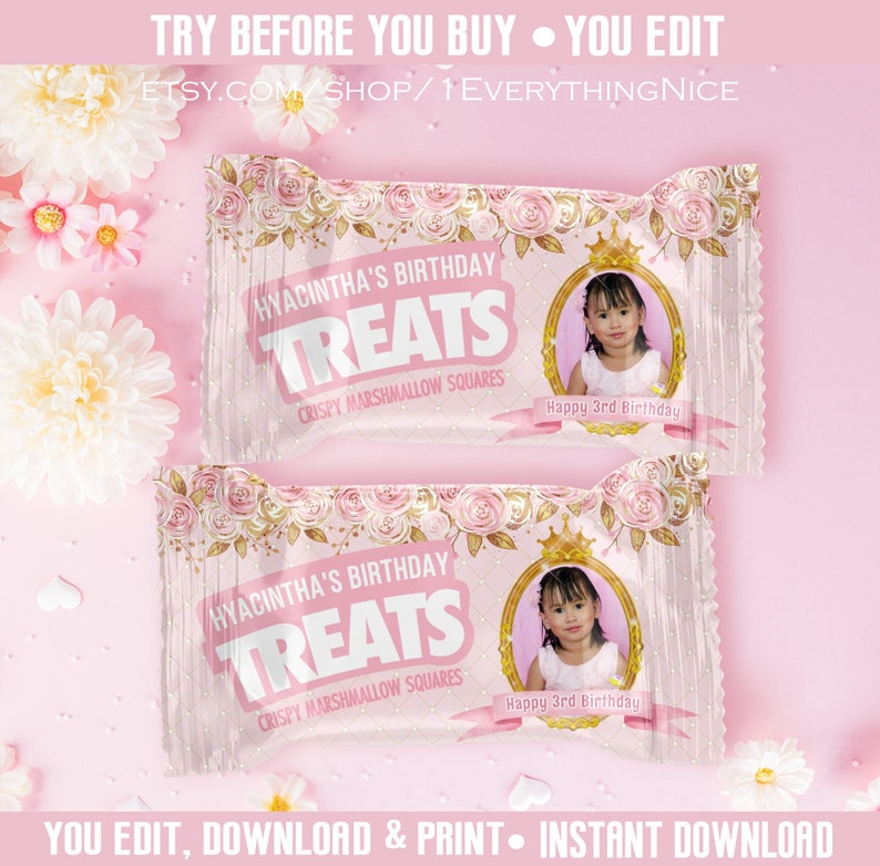 Princess Editable Instant DOWNLOAD Pink and Gold Royal Birthday Theme Rice Krispies Wrapper DIGITAL Printable image 2