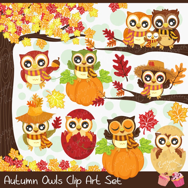 Autumn Owls Clipart Set image 1