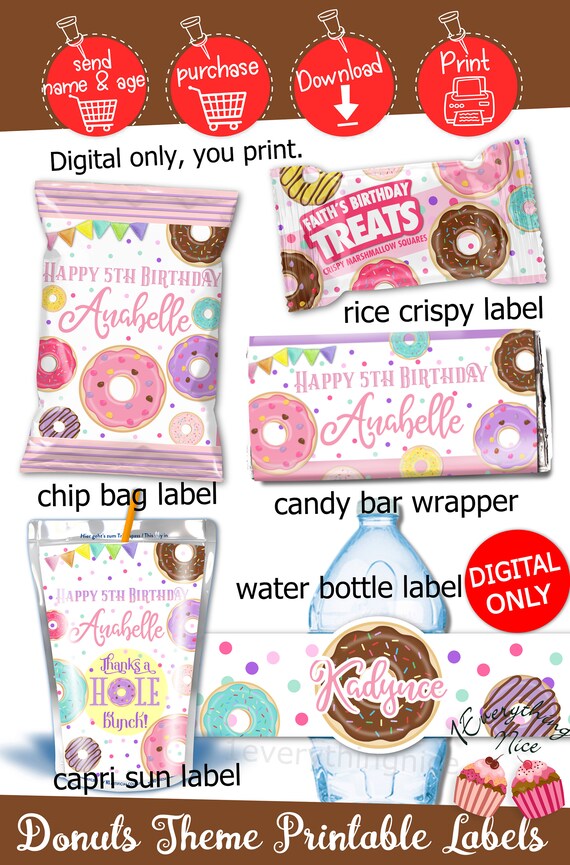 DIGITAL DOWNLOAD Donuts Theme Birthday Printables Labels Bundle Set Personalized Bundle DIY Printable Set Digital Download Il_570xn