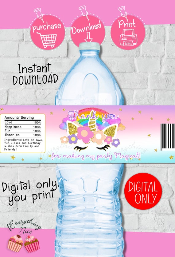 instant download rainbow unicorn water bottle labels printable digital