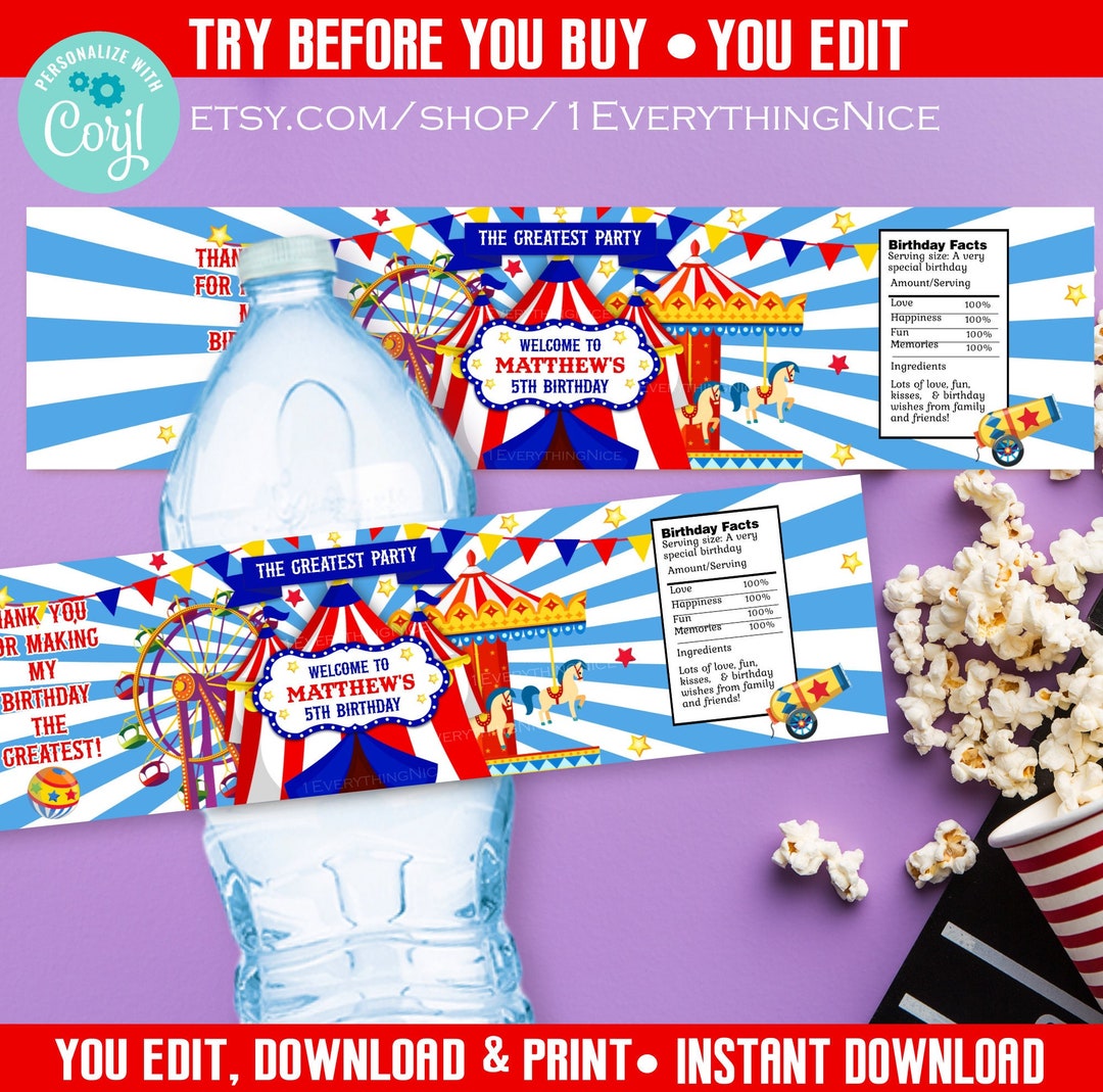 Instant Download Carnival Circus Water Bottle Label Editable Digital ...