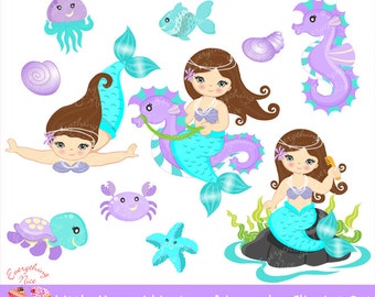 Little Mermaids in Aqua & Purple Clipart Set