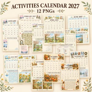 Könnte beinhalten: Eine Sammlung von 12 druckbaren Aktivitäten-Kalenderseiten für 2027, die jeweils Monatsübersichten, saisonale Illustrationen und interaktive Spiele wie Labyrinthe, Suchbilder und Wimmelbild-Rätsel mit Naturmotiven enthalten.