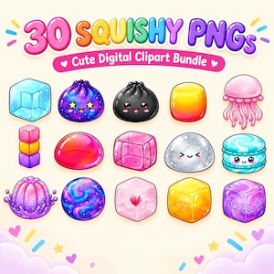 Pacchetto di 30 immagini PNG di Squishy, ​​clipart di Squishy carine, adesivi di giocattoli Squishy da scaricare digitalmente, clipart di Squishy Kawaii, design di adesivi stampabili