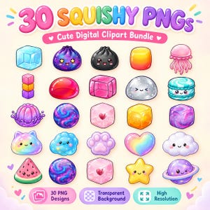Può includere: Un pacchetto di clipart digitali intitolato 30 SQUISHY PNGs che presenta trenta illustrazioni colorate in stile cartone animato, tra cui cubi, sfere, cuori, stelle, nuvole, una medusa, una fetta di anguria e un pianeta, tutti con faccine carine.