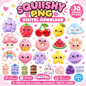 Pode incluir: Uma coleção de download digital com 30 adesivos 3D brilhantes e fofos, incluindo uma criatura roxa, morango, cerejas, limão, nuvem, cogumelo, cupcake, donut, melancia, pata, arco-íris, coração, coelho, estrela, planeta e um unicórnio.