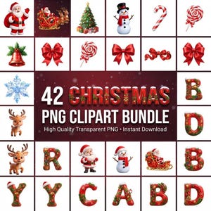 May include: A digital collection of 42 Christmas-themed PNG clipart images featuring Santa Claus, reindeer, a snowman, a decorated tree, candy canes, lollipops, red bows, a bell, a snowflake, and festive alphabet letters with snow accents.