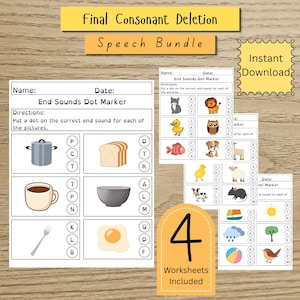 May include: A Final Consonant Deletion Speech Bundle digital download featuring four educational worksheets. Each page contains illustrations of objects like a pot, bread, and animals, with circles containing letters for identifying end sounds.