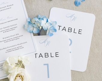 Blue Modern Monogram Wedding Table Numbers