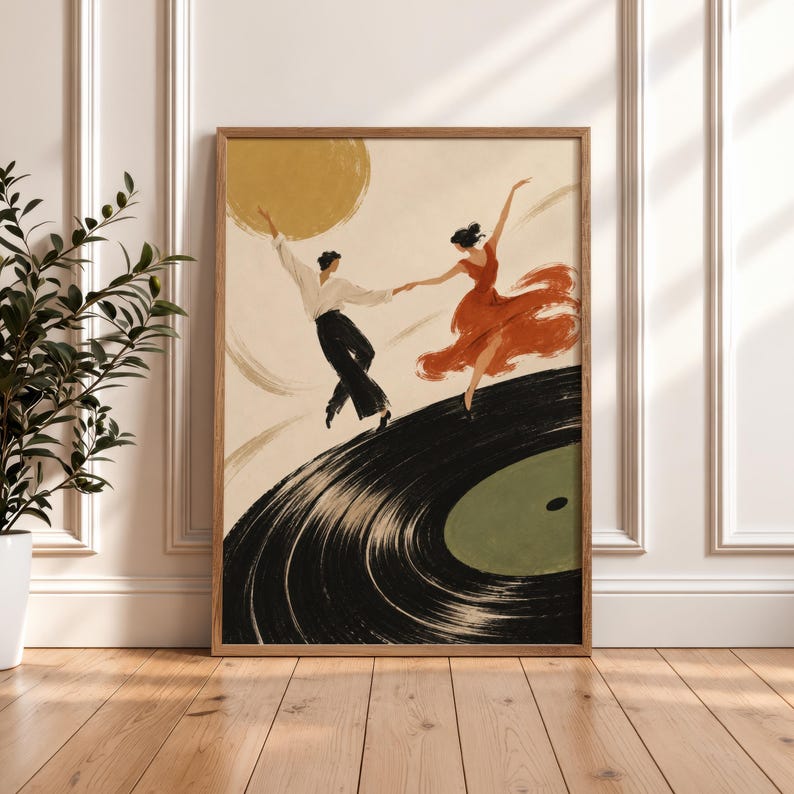 Dancing Couple on Vinyl Record, Retro Minimalist Wall Art Print ...