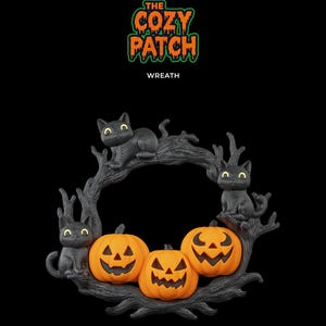 Corona de Halloween Cozy Patch / Decoración de calabaza y gato impresa en 3D
