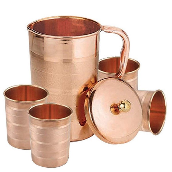 Kupfer Wasserkrug mit Glas || Handgearbeitete Kupfer Kanne/Krug mit Glas/Tumbler Sets für