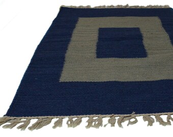 Blue and Grey Handwoven Cotton Wool Rug / door mat - 24x36 inch
