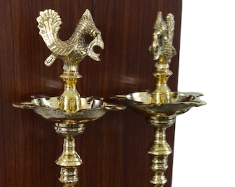 Traditional Brass Oil Lamp – Kuthu Vilakku with Annapakshi (Peacock) Design | Handcrafted Nakkashi Work,  Mahabharat Diya