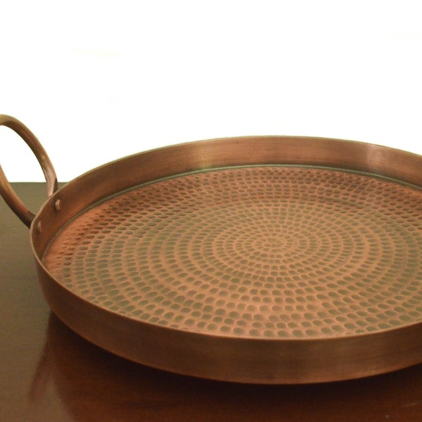 Round Grazing Tray, Serving Platter, Serving Tray with Handle in Copper Hammered Matte Antique Finish- 14 inches