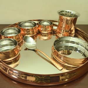 Copper & Steel Dinnerware Sets || 13 inch dinner plate set, Dinner set, Thali Sets,  Bowls, Glass, Sweet dish Plate and Spoon - 8 pieces set