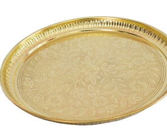 Brass Dinner Plate/Thali in Embossed Design- Size 9, 10, 12 and 13 inches -for Dinnerware,  Poojan, Spiritual Gift, House Warming Gift
