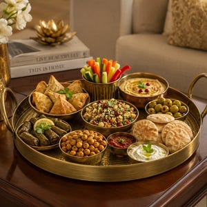 May include: A large round brass serving tray with two handles, holding several small brass bowls filled with various foods including samosas, stuffed grape leaves, roasted chickpeas, hummus, pita bread, olives, salad, and fresh vegetable sticks.
