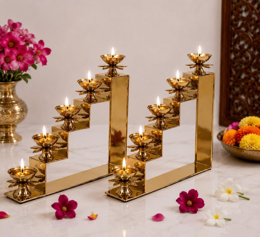 Handcrafted Brass Lotus Step Diya | Brass Oil Lamp & Step Lamp