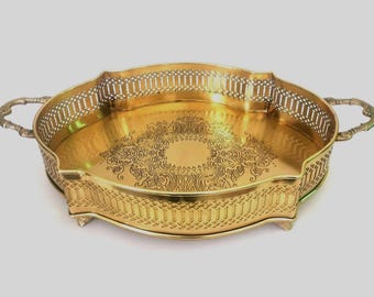Bandeja de servir em latão antigo com alças | Prato | Bandeja com design decorativo vazado