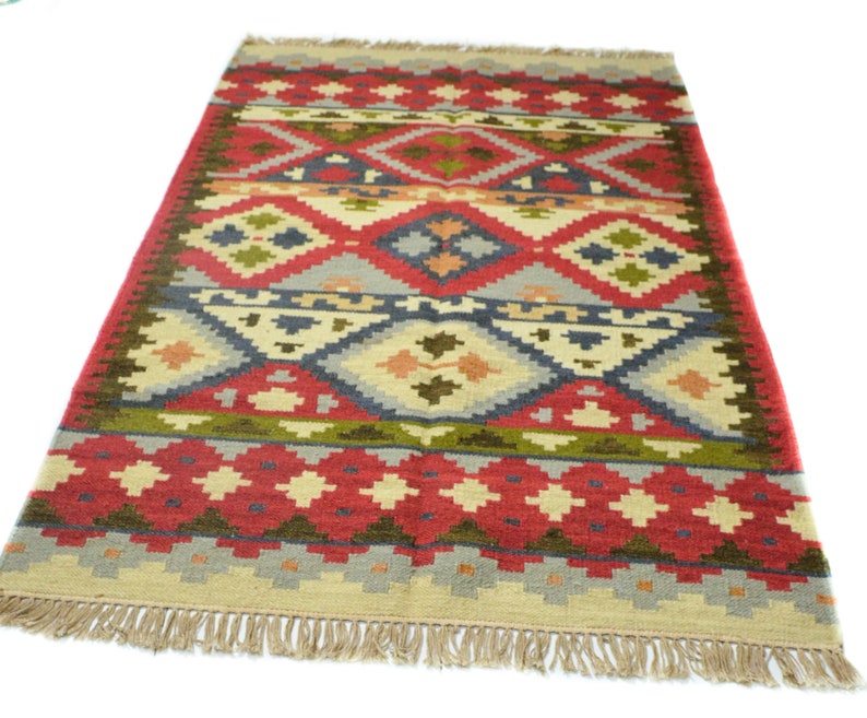 Handwoven Multi Color Cotton Wool Rug | Reversible Kilim, 3.1 x 5 ft. image 3