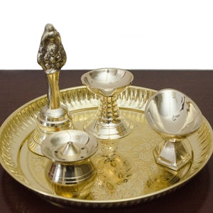 Brass Pooja set of 5 pcs || Plate|| Bell || Incense Holder || Prasad Container || Diya