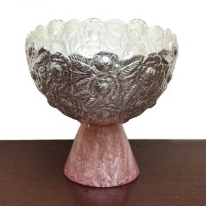 Rose Bowl, Fruit Bowl, Silver Bowl  with Embossed Floral Design in silver & Pink Base for center Table  decoration