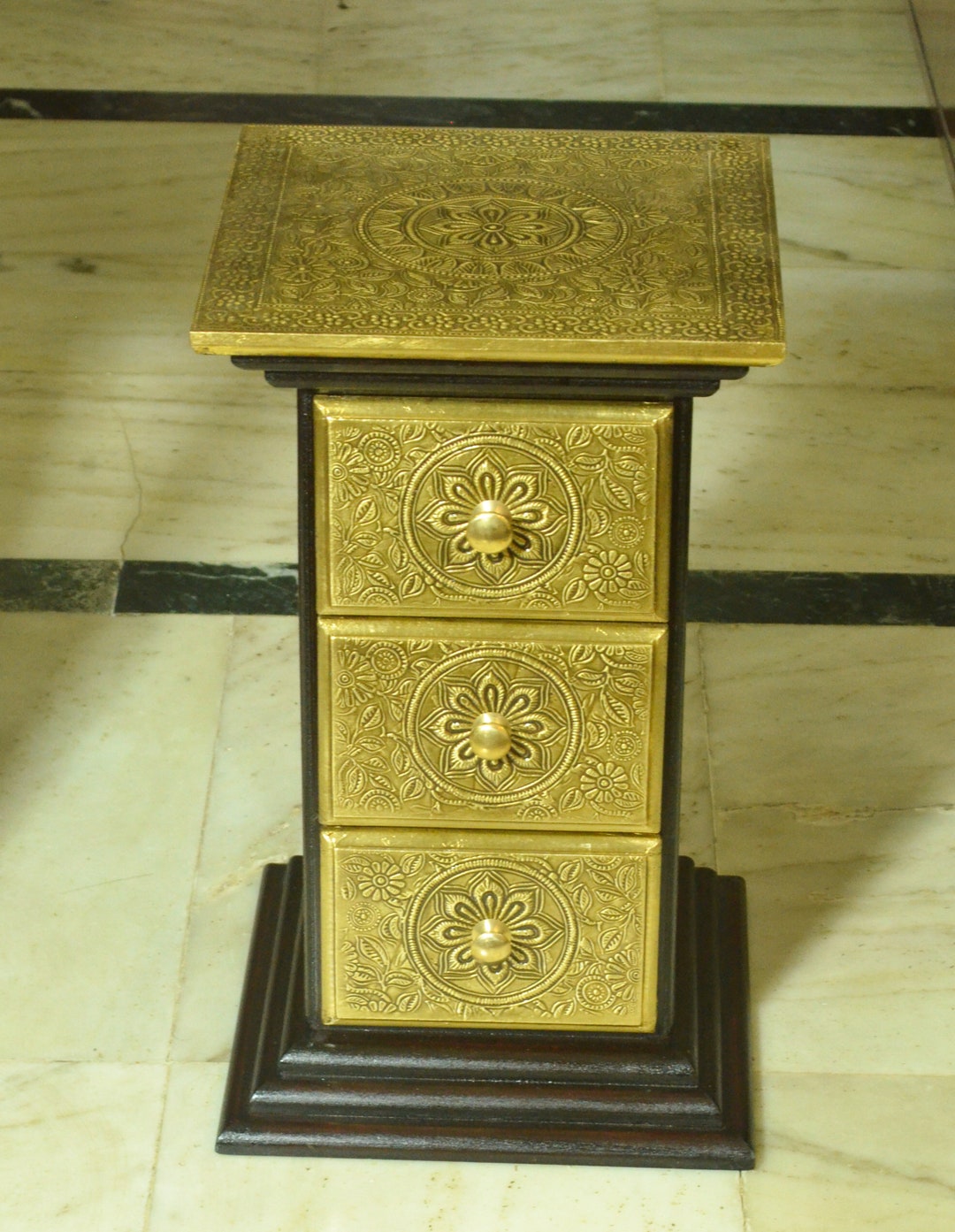 Wooden and Brass Drawer Chest Side Table End Table Storage With 3
