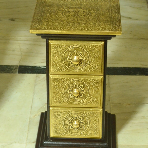 Wooden And Brass Drawer Chest || Side Table || End Table- Storage With 3 Drawers, Handcrafted Indian Ethnic Table