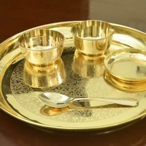 Brass Dinnerware Sets || Thali Sets- Embossed Thali- 13 inch, Sweet dish Plate and Spoon