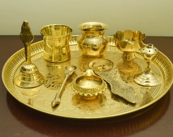 Brass Pooja set of 9 pcs || Plate|| Bell || Incense Holder || Panchamrat Glass || Spoon || Dhoop Burner || Camphor Holder || Kalash || Diya