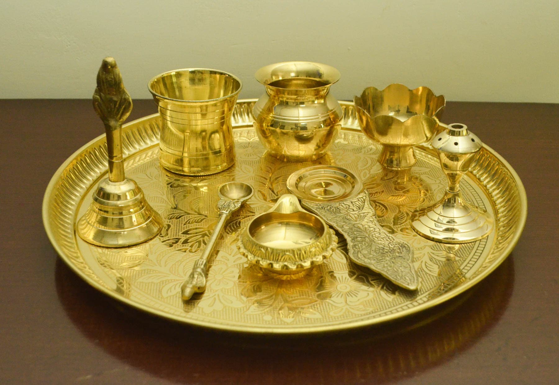 Brass Pooja set of 9 pcs || Plate|| Bell || Incense Holder || Panchamrat Glass || Spoon || Dhoop Burner || Camphor Holder || Kalash || Diya