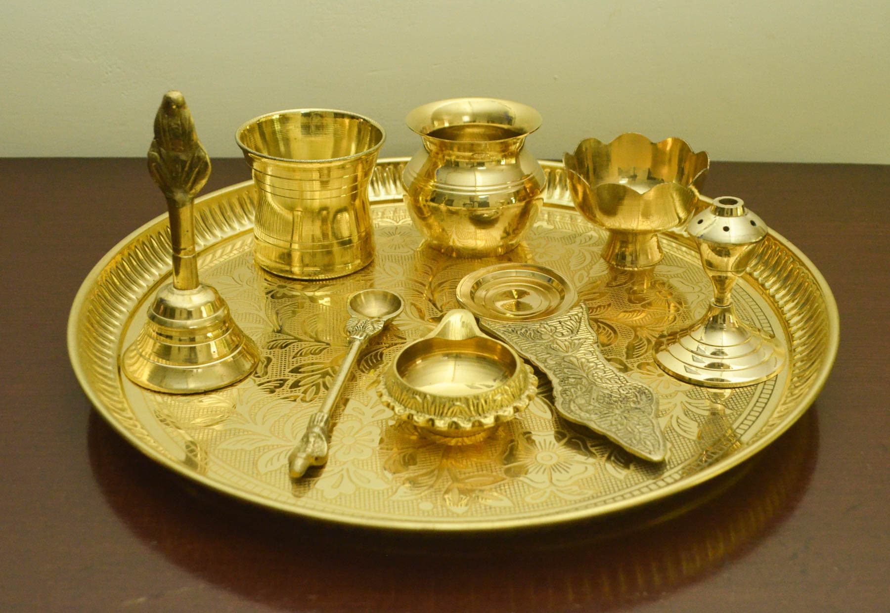 Brass Pooja Set of 9 Pcs Plate Bell Incense Holder Panchamrat