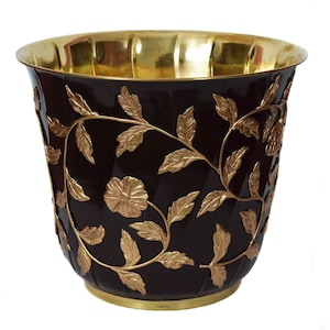 Brass Planter || Plant Container || Flower Pot in Brown & Golden Embossed Design with Lacquer Finish/Polish – Size Dia. 12&quot; x H- 10.5