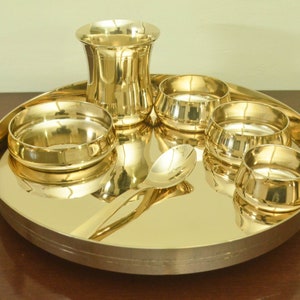 Pure Bronze/Kansa Dinner  Plate set / Thali set, Bronze Dinner plate sets, Plate, Glass, Bowl, Spoon & sweet dish bowl - set of 7 pieces