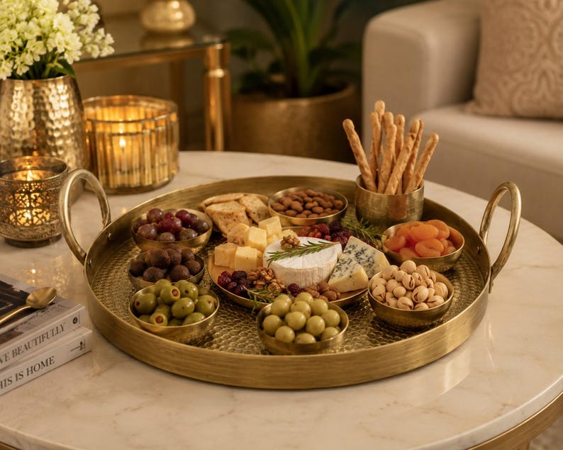 May include: A large, round, hammered brass serving tray with two arched handles, containing several small brass bowls filled with green olives, dark olives, grapes, dried apricots, pistachios, almonds, breadsticks, and a central cheese platter.